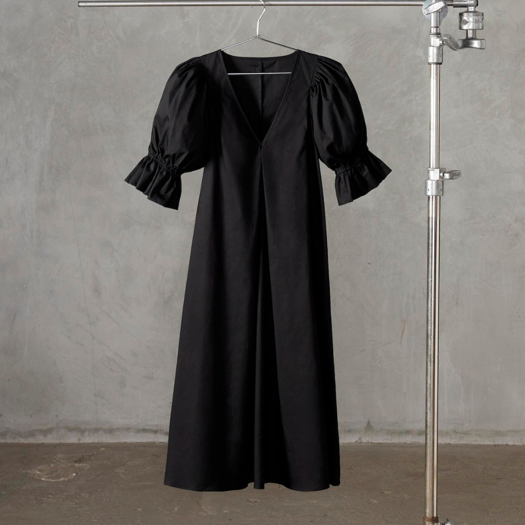 Deep V Full Sleeve Midi Dress | Black