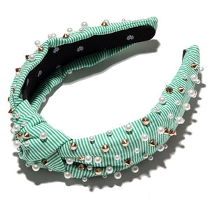 Open image in slideshow, Green Seersucker Embellished Knotted Headband
