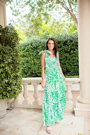 Kelly Dress | Green + White Boho Leaf Print
